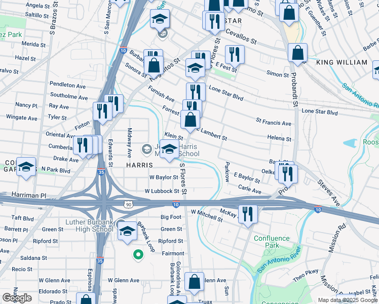 map of restaurants, bars, coffee shops, grocery stores, and more near 2420 South Flores Street in San Antonio