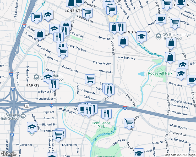 map of restaurants, bars, coffee shops, grocery stores, and more near 326 East Lambert Street in San Antonio