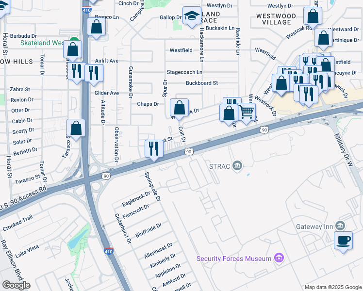 map of restaurants, bars, coffee shops, grocery stores, and more near 7605 West US Highway 90 in San Antonio
