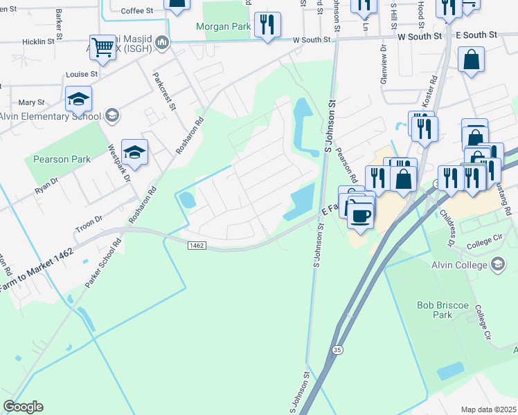 map of restaurants, bars, coffee shops, grocery stores, and more near 1125 Lasso Court in Alvin