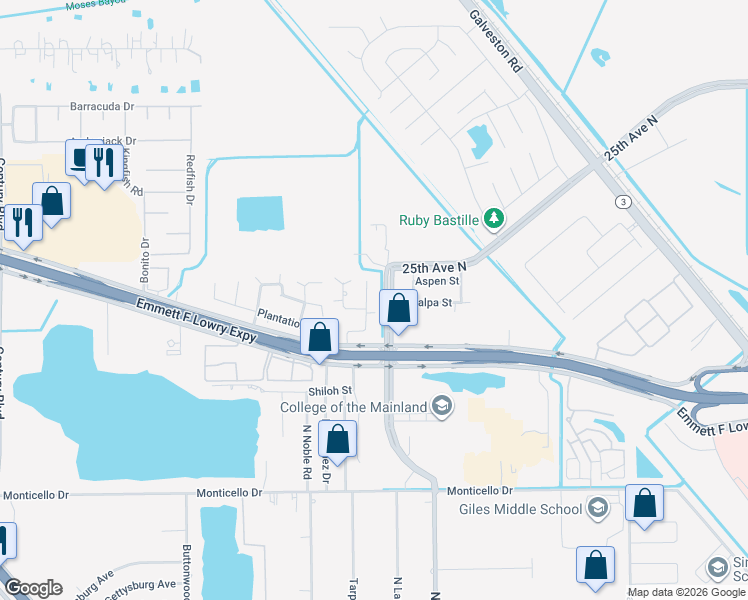 map of restaurants, bars, coffee shops, grocery stores, and more near 1714 Crestwood Court in Texas City