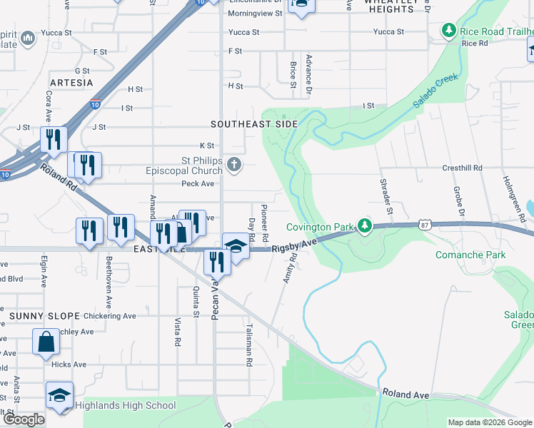 map of restaurants, bars, coffee shops, grocery stores, and more near 156 Pioneer Road in San Antonio