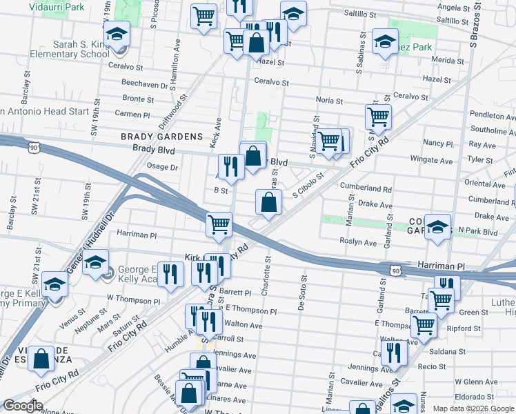 map of restaurants, bars, coffee shops, grocery stores, and more near 218 Dorris St in San Antonio