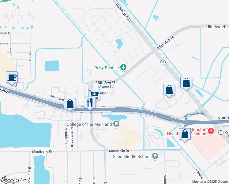 map of restaurants, bars, coffee shops, grocery stores, and more near 7931 Catalpa Street in Texas City