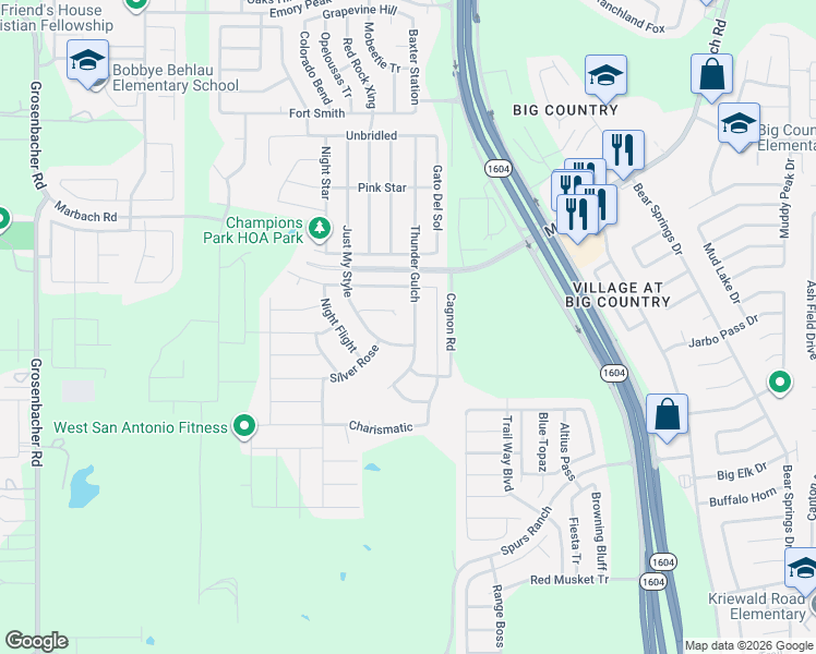 map of restaurants, bars, coffee shops, grocery stores, and more near 2935 Thunder Gulch in San Antonio