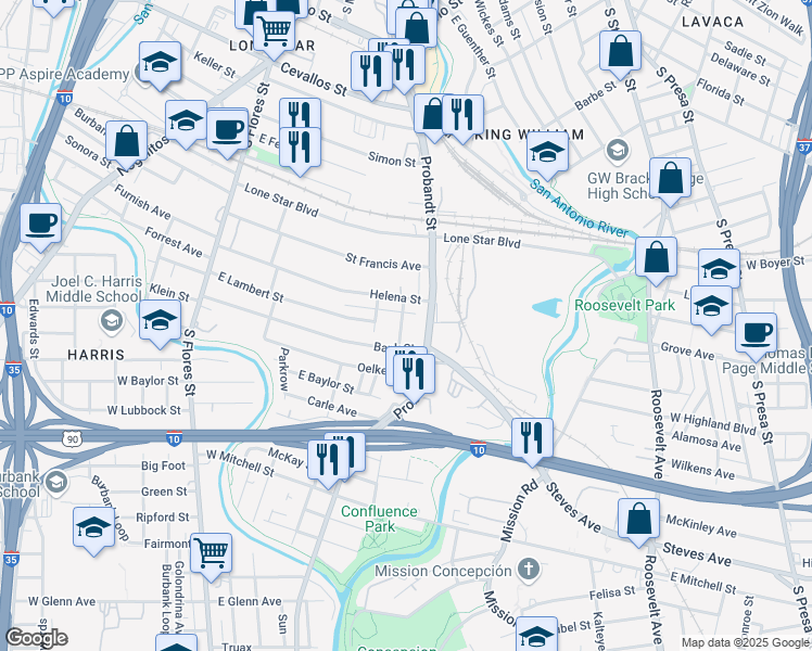 map of restaurants, bars, coffee shops, grocery stores, and more near 126 King Roger Street in San Antonio