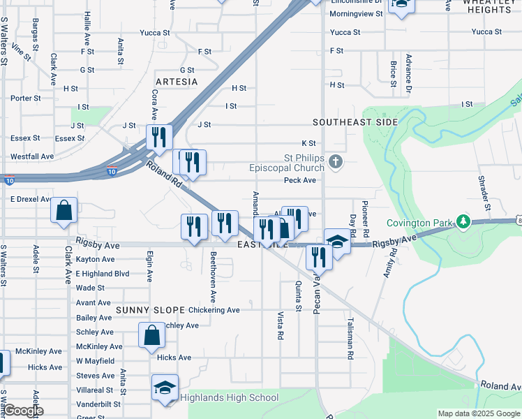 map of restaurants, bars, coffee shops, grocery stores, and more near 119 Alhaven Avenue in San Antonio