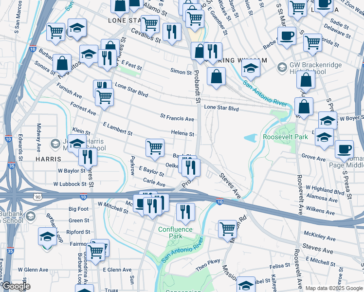 map of restaurants, bars, coffee shops, grocery stores, and more near 126 King Roger Street in San Antonio