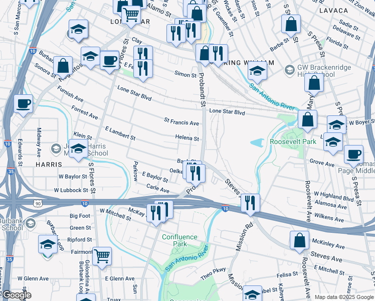 map of restaurants, bars, coffee shops, grocery stores, and more near 126 King Roger Street in San Antonio