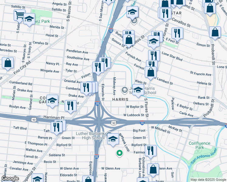 map of restaurants, bars, coffee shops, grocery stores, and more near 307 Givens Avenue in San Antonio