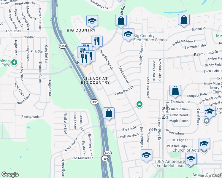 map of restaurants, bars, coffee shops, grocery stores, and more near 2703 Bushy Run Drive in San Antonio