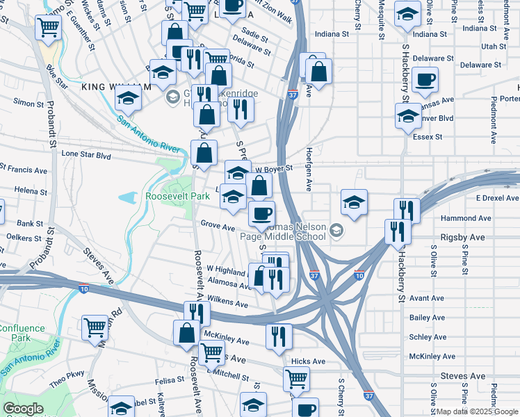 map of restaurants, bars, coffee shops, grocery stores, and more near 2122 South Presa Street in San Antonio