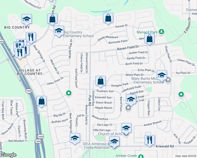 map of restaurants, bars, coffee shops, grocery stores, and more near 10147 Sundrop Pass in San Antonio