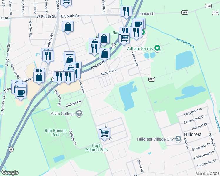 map of restaurants, bars, coffee shops, grocery stores, and more near 2917 Mustang Road in Alvin