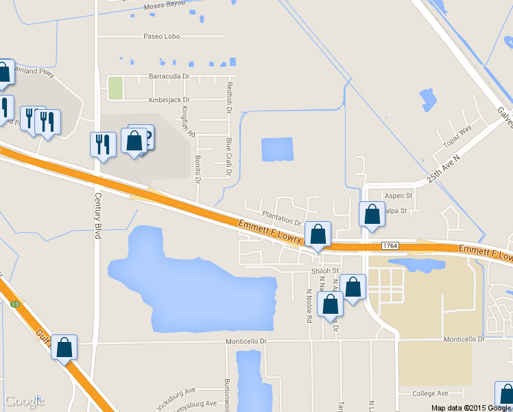 map of restaurants, bars, coffee shops, grocery stores, and more near 1701 Tara Circle in Texas City