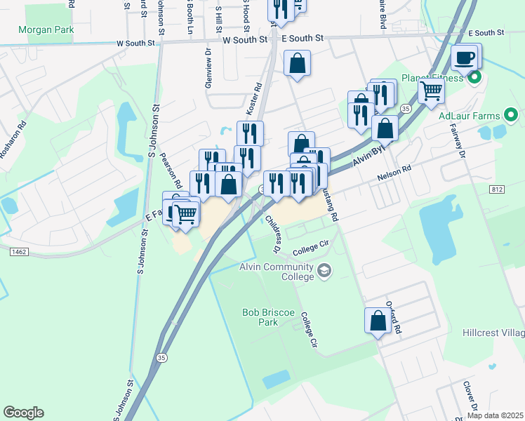 map of restaurants, bars, coffee shops, grocery stores, and more near 2551 Texas 35 in Alvin