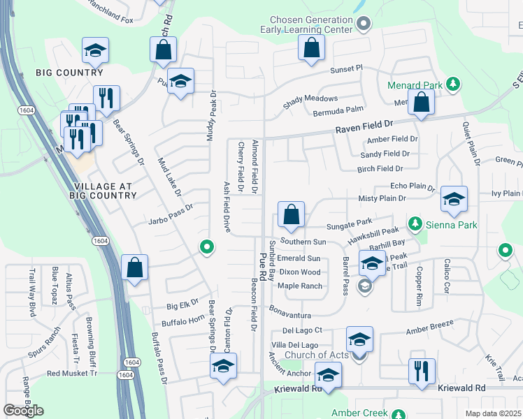 map of restaurants, bars, coffee shops, grocery stores, and more near 10200 Barron Field in San Antonio