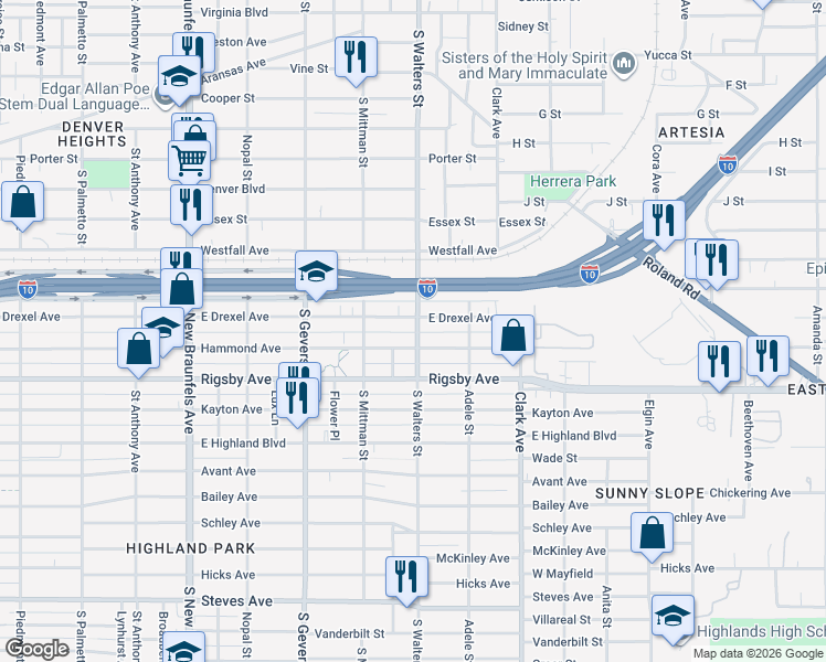 map of restaurants, bars, coffee shops, grocery stores, and more near 1901 South Walters Street in San Antonio