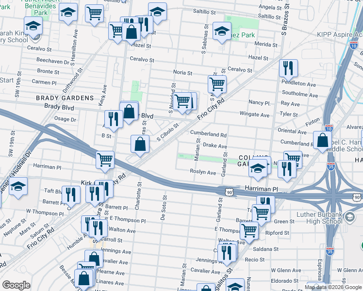 map of restaurants, bars, coffee shops, grocery stores, and more near 630 Drake Avenue in San Antonio