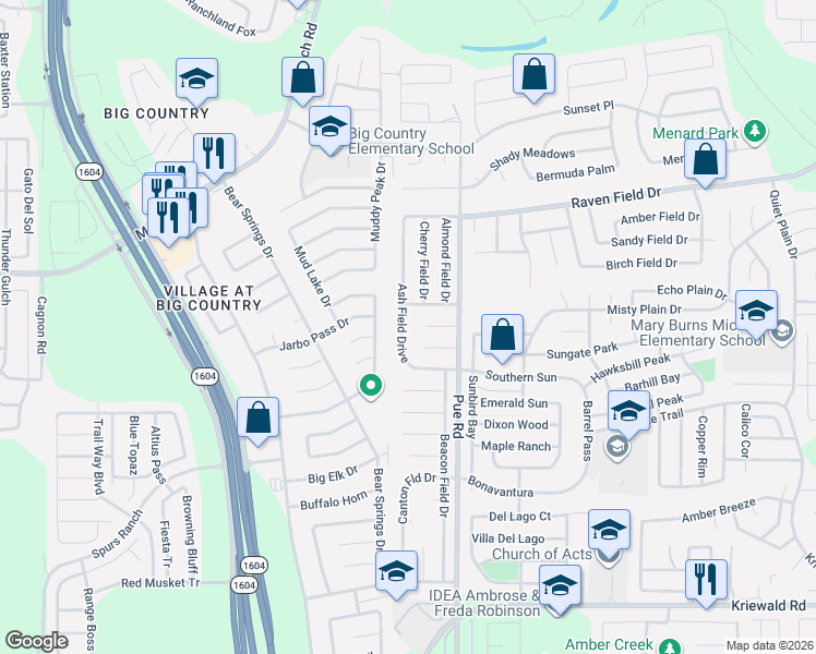 map of restaurants, bars, coffee shops, grocery stores, and more near 10242 Barron Field in San Antonio