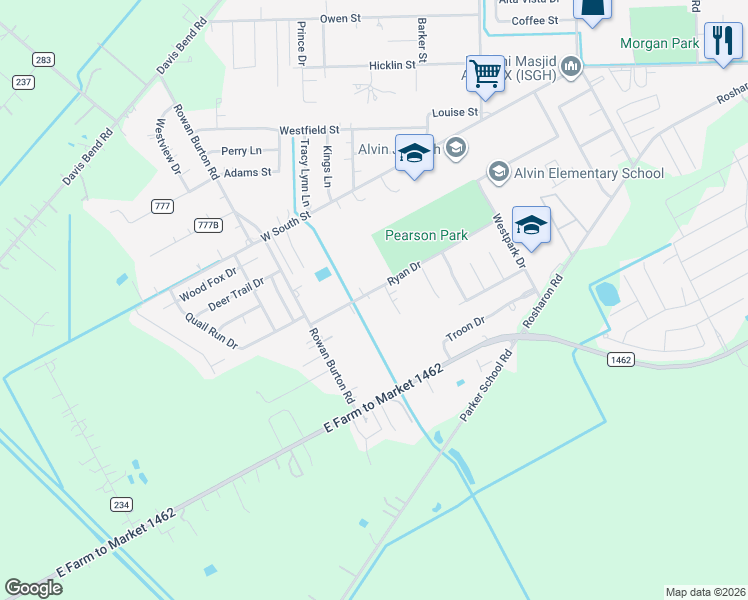 map of restaurants, bars, coffee shops, grocery stores, and more near 2767 Redbud Lane in Alvin