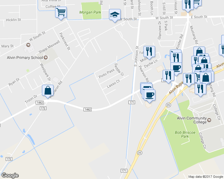 map of restaurants, bars, coffee shops, grocery stores, and more near 1192 Colt Creek Court in Alvin