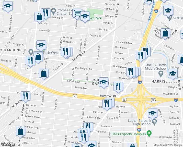 map of restaurants, bars, coffee shops, grocery stores, and more near 445 Drake Avenue in San Antonio