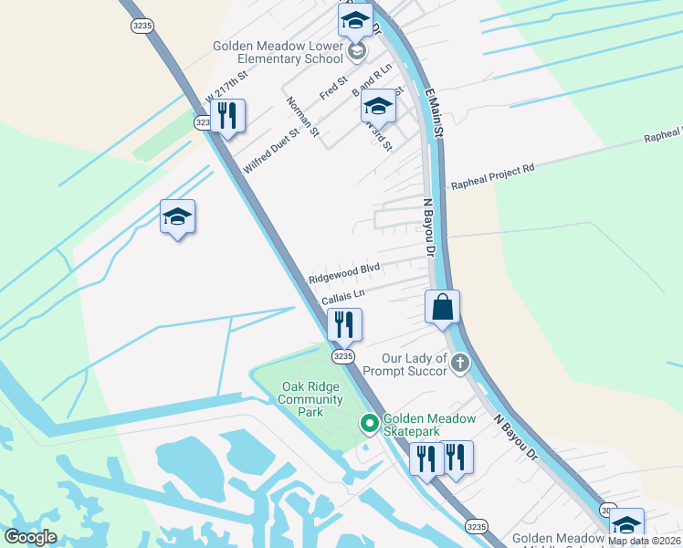 map of restaurants, bars, coffee shops, grocery stores, and more near Avenue F in Golden Meadow