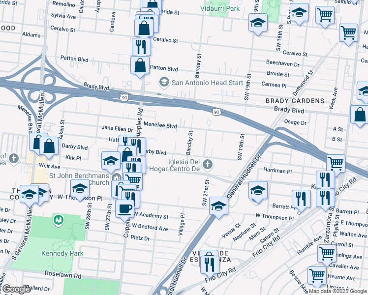 map of restaurants, bars, coffee shops, grocery stores, and more near 755 Darby Boulevard in San Antonio