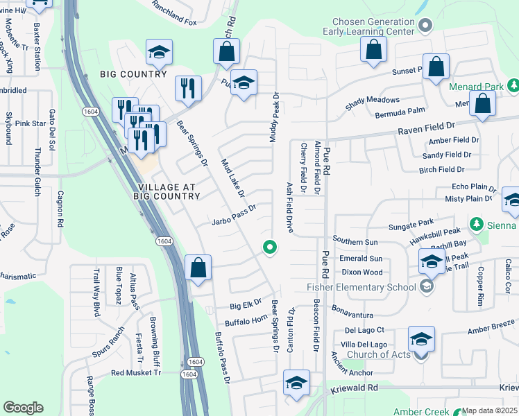 map of restaurants, bars, coffee shops, grocery stores, and more near 11338 Jarbo Pass Drive in San Antonio