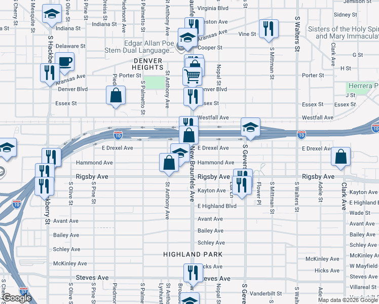 map of restaurants, bars, coffee shops, grocery stores, and more near 1901 South New Braunfels Avenue in San Antonio