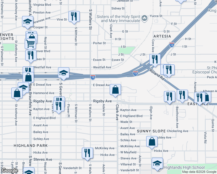 map of restaurants, bars, coffee shops, grocery stores, and more near 1223 Hammond Avenue in San Antonio
