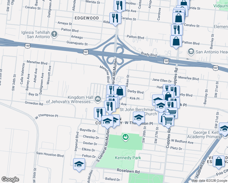 map of restaurants, bars, coffee shops, grocery stores, and more near 1742 South General McMullen Drive in San Antonio