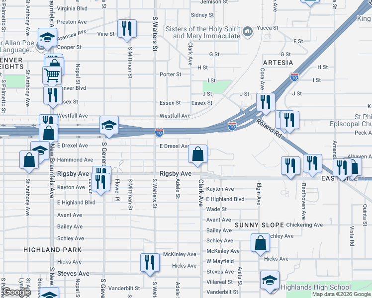 map of restaurants, bars, coffee shops, grocery stores, and more near 1223 Hammond Avenue in San Antonio