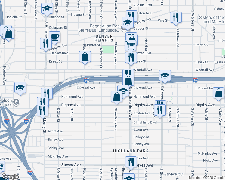 map of restaurants, bars, coffee shops, grocery stores, and more near 519 Hammond Avenue in San Antonio