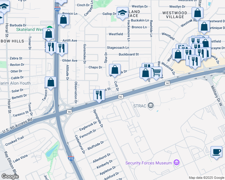map of restaurants, bars, coffee shops, grocery stores, and more near 7605 West US Highway 90 in San Antonio