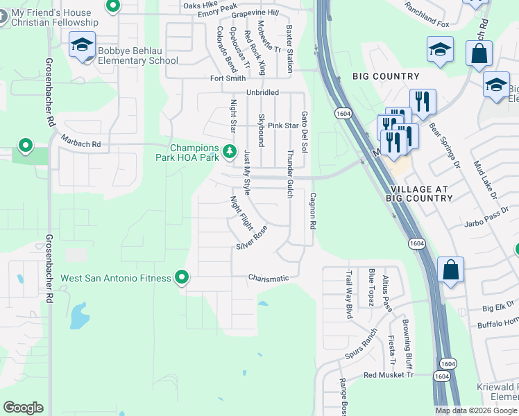 map of restaurants, bars, coffee shops, grocery stores, and more near 2948 Just My Style in San Antonio