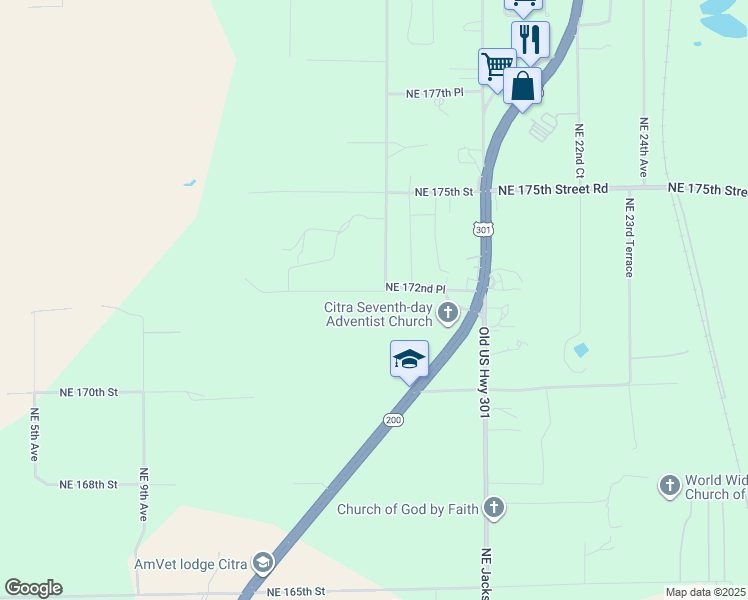 map of restaurants, bars, coffee shops, grocery stores, and more near 1630 Northeast 172nd Place in Citra