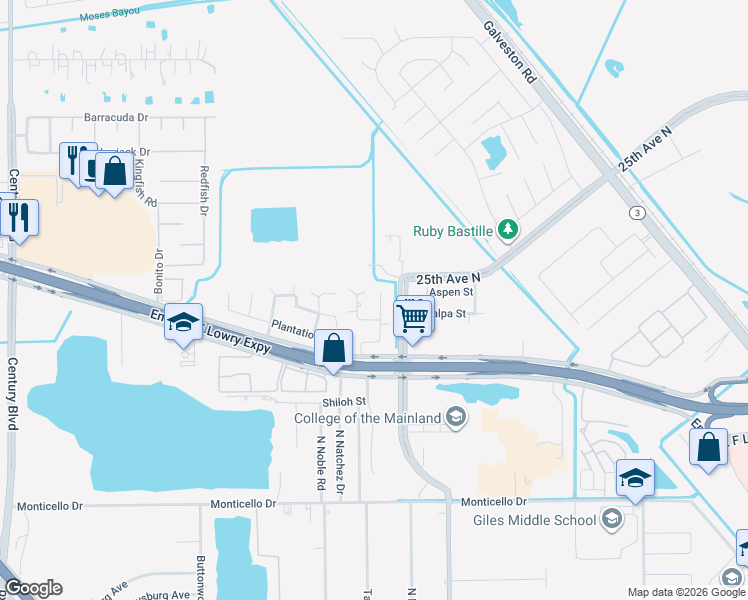 map of restaurants, bars, coffee shops, grocery stores, and more near 1714 Crestwood Court in Texas City