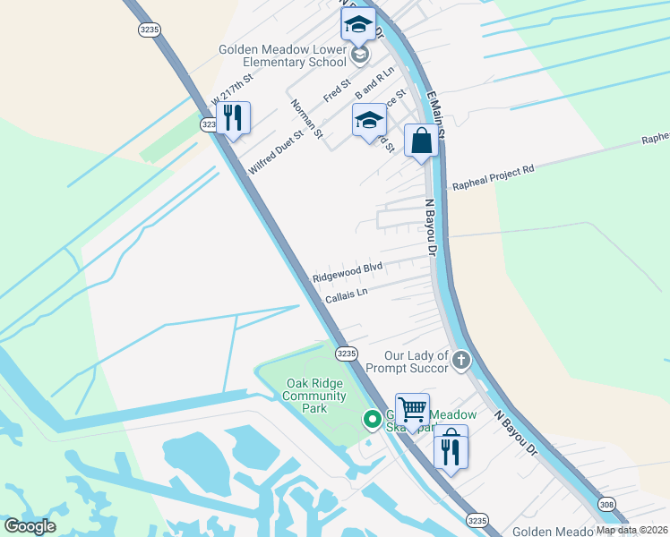 map of restaurants, bars, coffee shops, grocery stores, and more near Avenue F in Golden Meadow