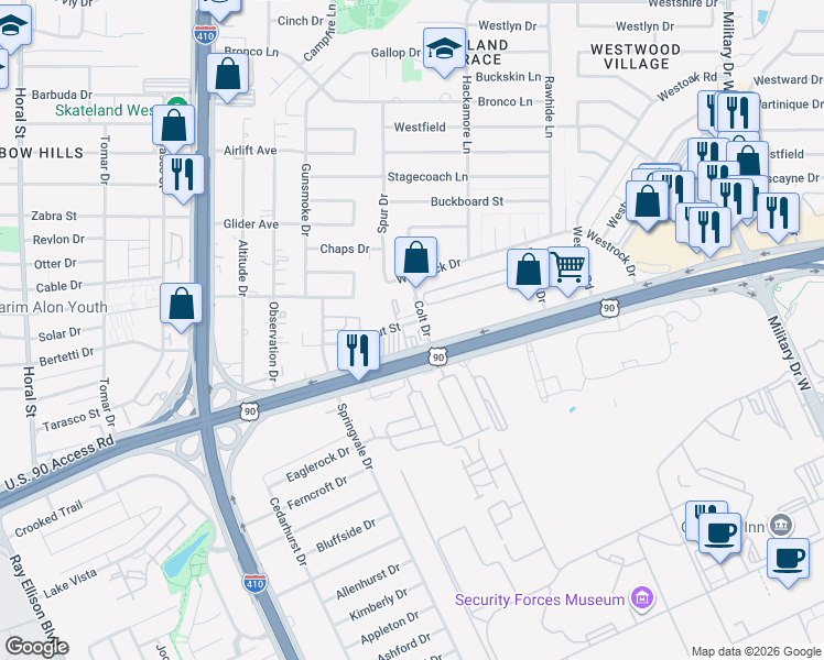 map of restaurants, bars, coffee shops, grocery stores, and more near 7605 West US Highway 90 in San Antonio