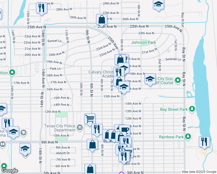 map of restaurants, bars, coffee shops, grocery stores, and more near 721 16th Avenue North in Texas City
