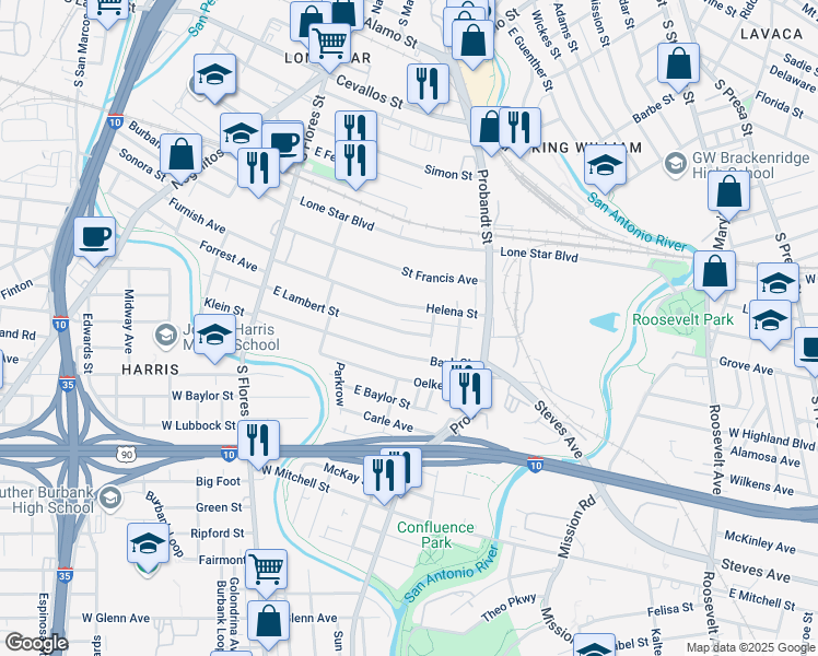 map of restaurants, bars, coffee shops, grocery stores, and more near 326 East Lambert Street in San Antonio