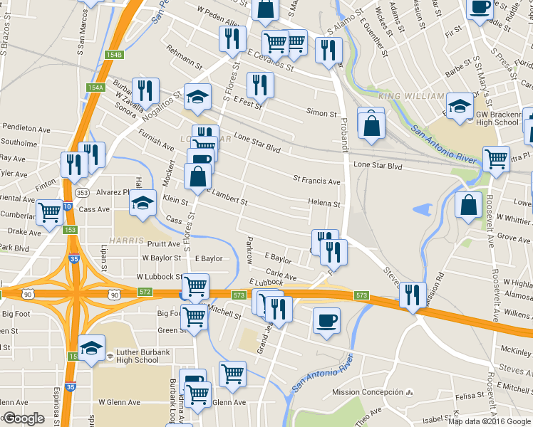 map of restaurants, bars, coffee shops, grocery stores, and more near 226 Bank Street in San Antonio