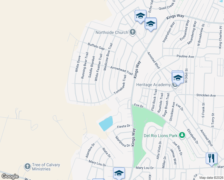 map of restaurants, bars, coffee shops, grocery stores, and more near 224 Tomahawk Trail in Del Rio