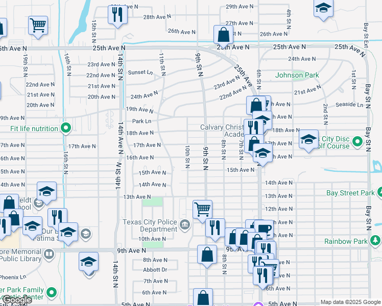 map of restaurants, bars, coffee shops, grocery stores, and more near 911 16th Avenue North in Texas City