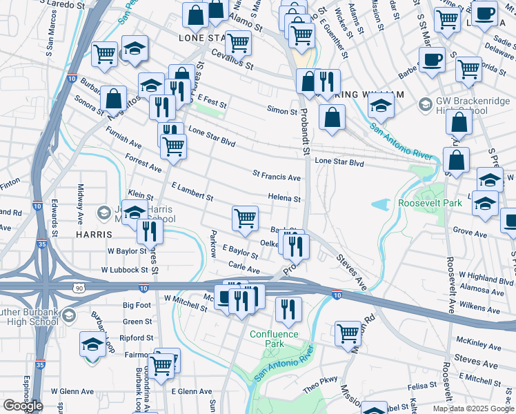 map of restaurants, bars, coffee shops, grocery stores, and more near 326 East Lambert Street in San Antonio
