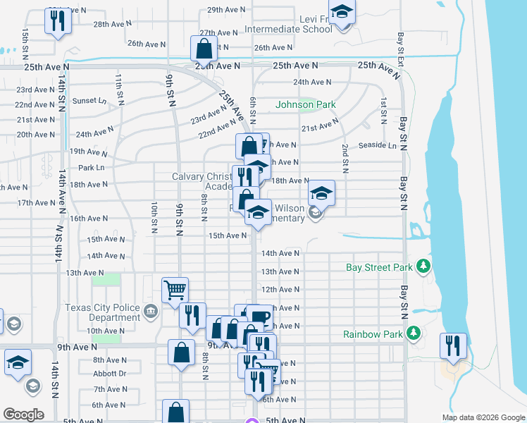 map of restaurants, bars, coffee shops, grocery stores, and more near 516 16th Avenue North in Texas City