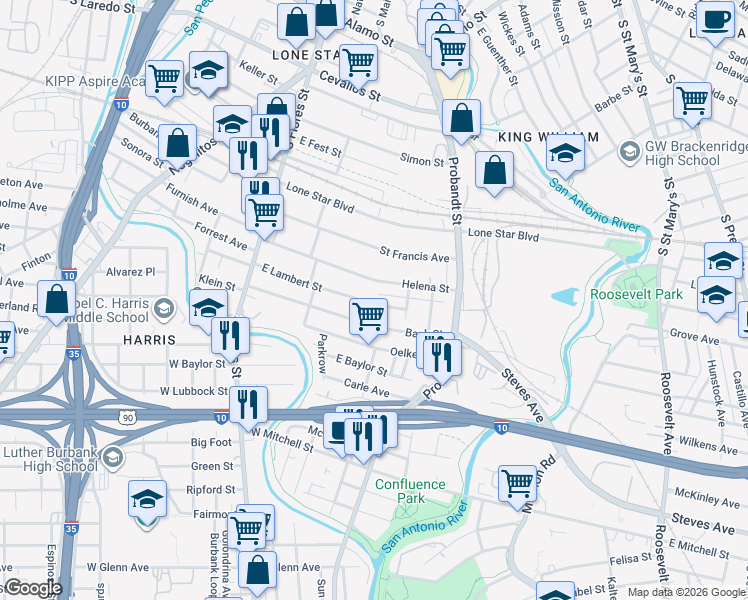 map of restaurants, bars, coffee shops, grocery stores, and more near 257 Bank in San Antonio