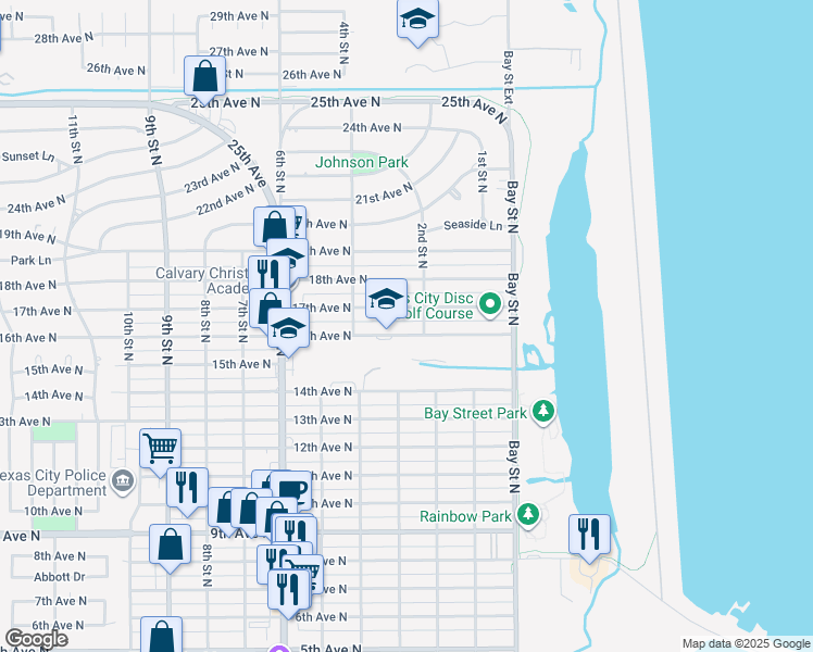 map of restaurants, bars, coffee shops, grocery stores, and more near 212 16th Avenue North in Texas City